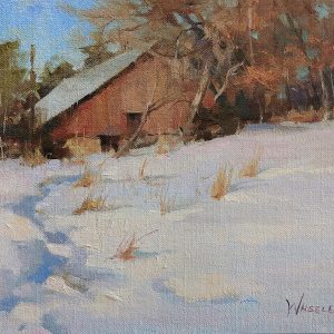 oil painting of barn in snow