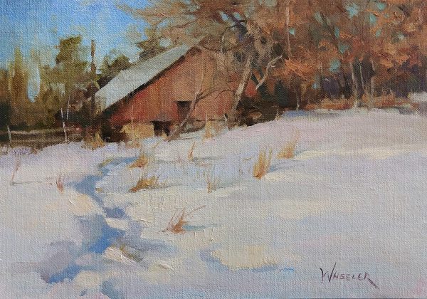 oil painting of barn in snow