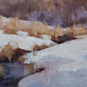 oil painting of stream in winter